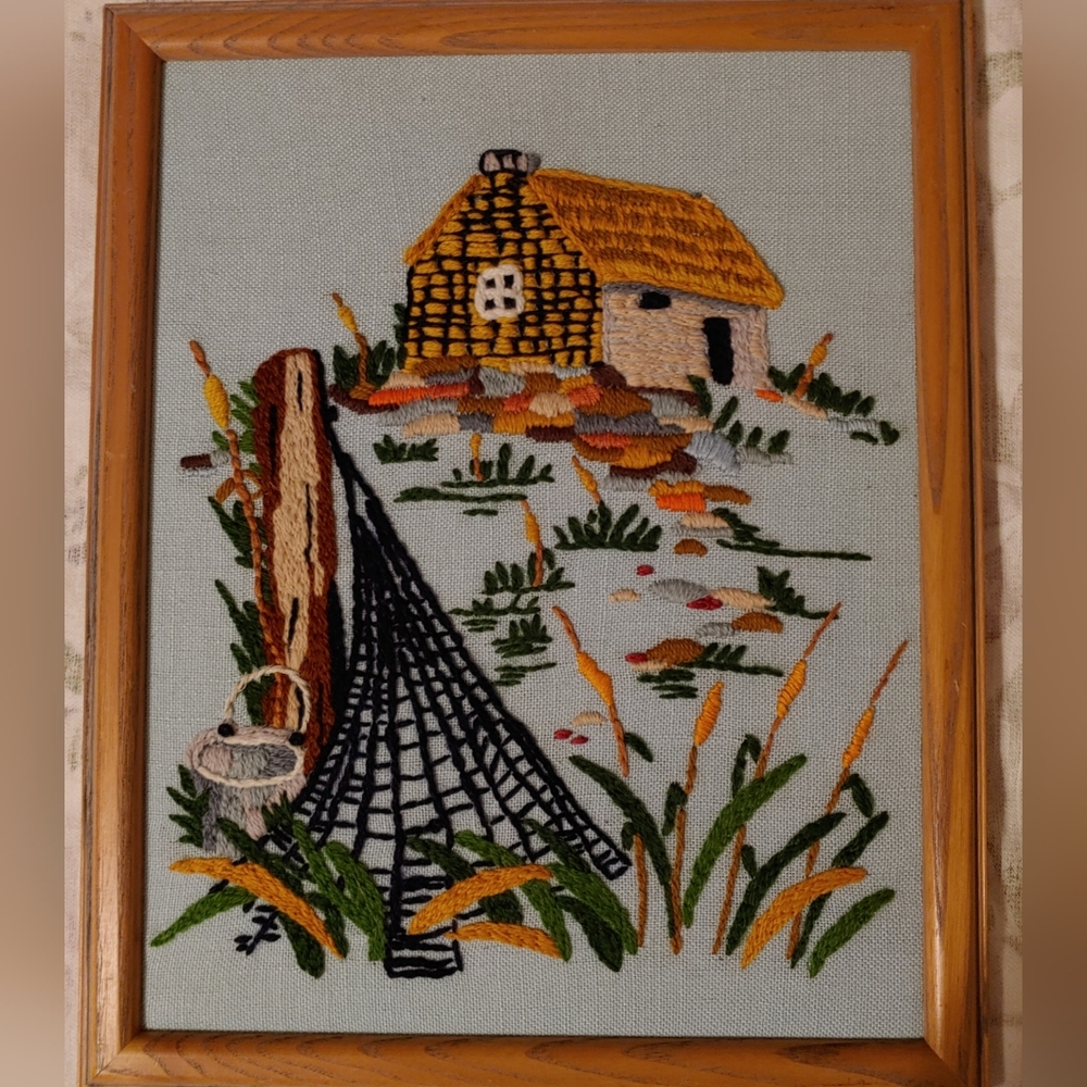 Framed Crewel Needlework Art Seaside Vista Cottage Castnet Coats and Cla…